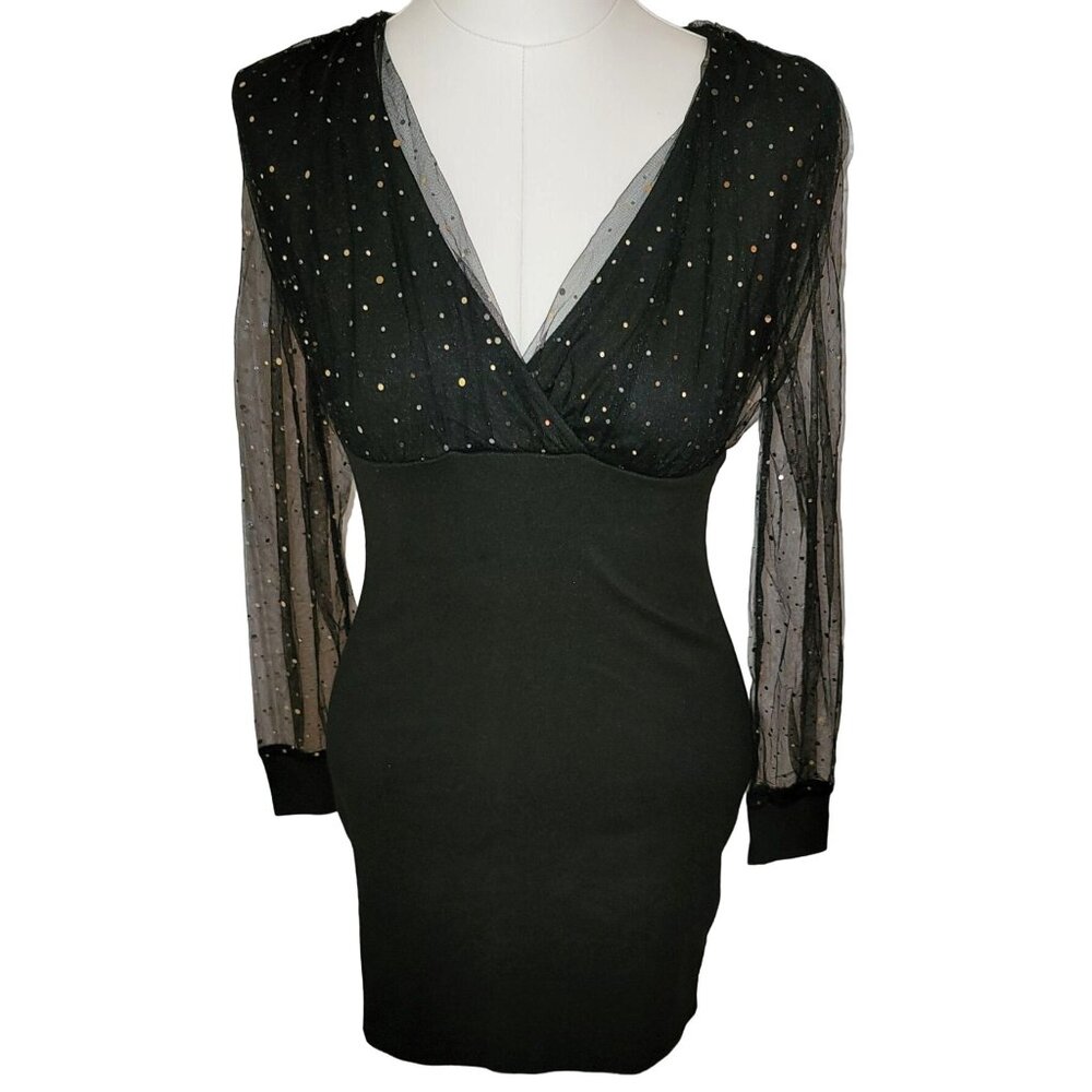 Elegant Black Long Sleeve Sheath Dress With Gold Polka Dots Size Small jj3600